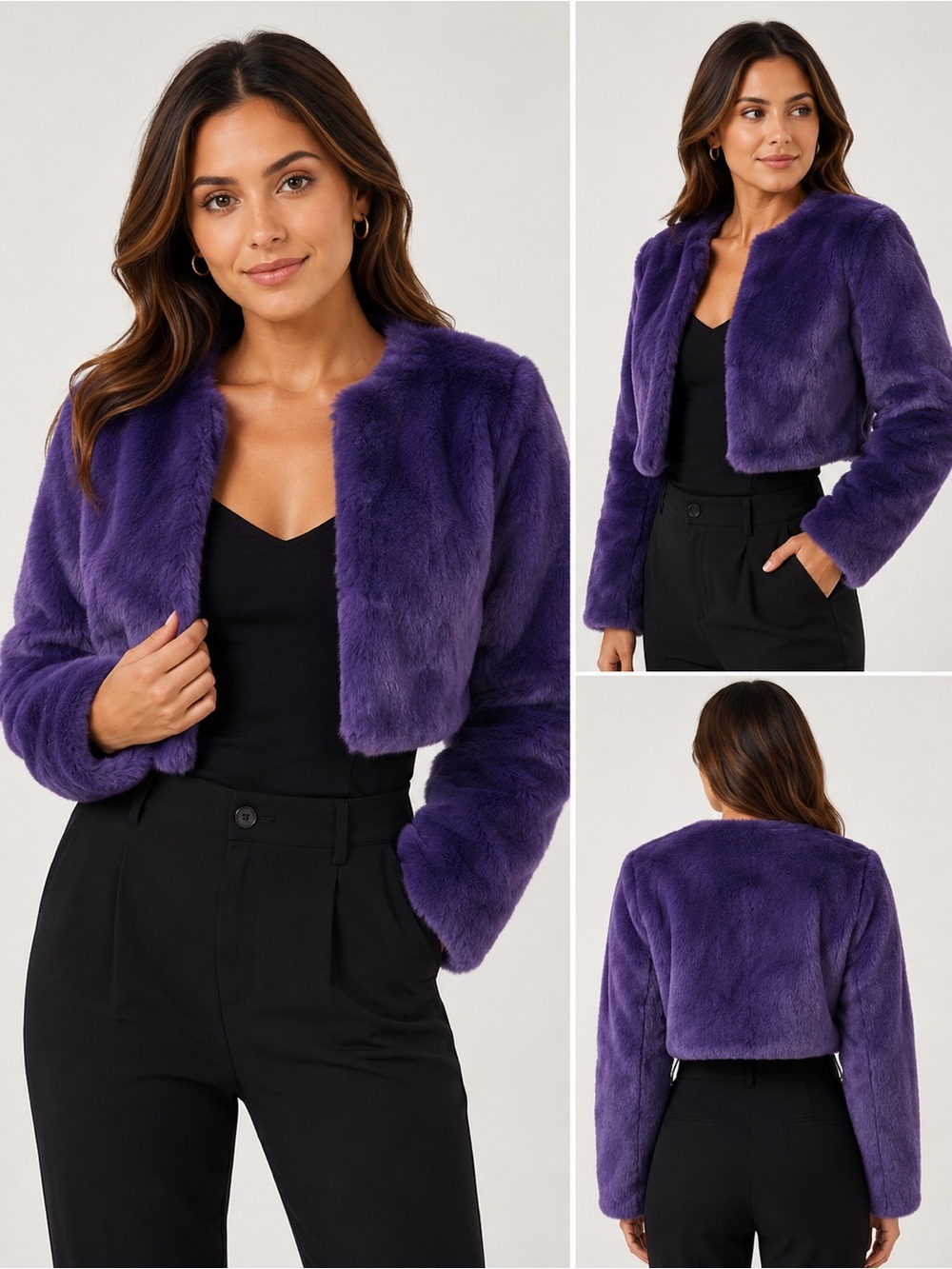 Allegra K Women’s XS Purple Faux Fur Cropped Jacket Bolero Plush Soft